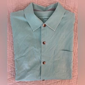 Tommy Bahama Textured Woven Silk Jacquard Solid Print Shirt in Teal Size L